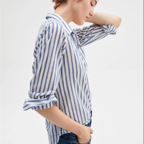 Nili Lotan | NL Button Down Shirt in Blue White Stripe Cotton | M - Picture 2 of 9